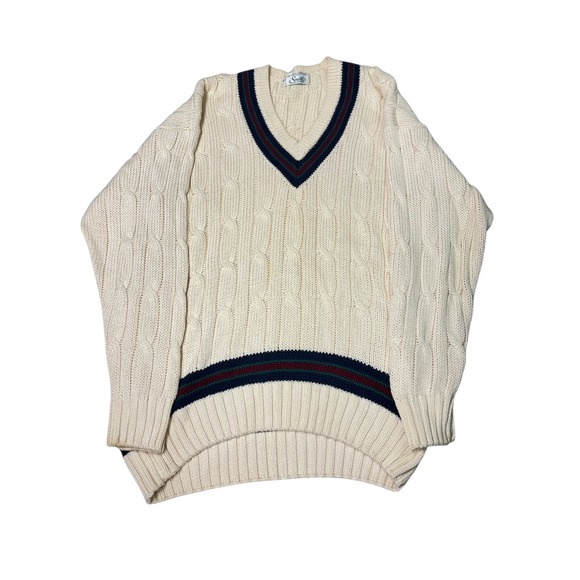 Vintage Smith's‎ of Bermuda Cream Cable Knit Cricket V-Neck Sweater XXL Cotton